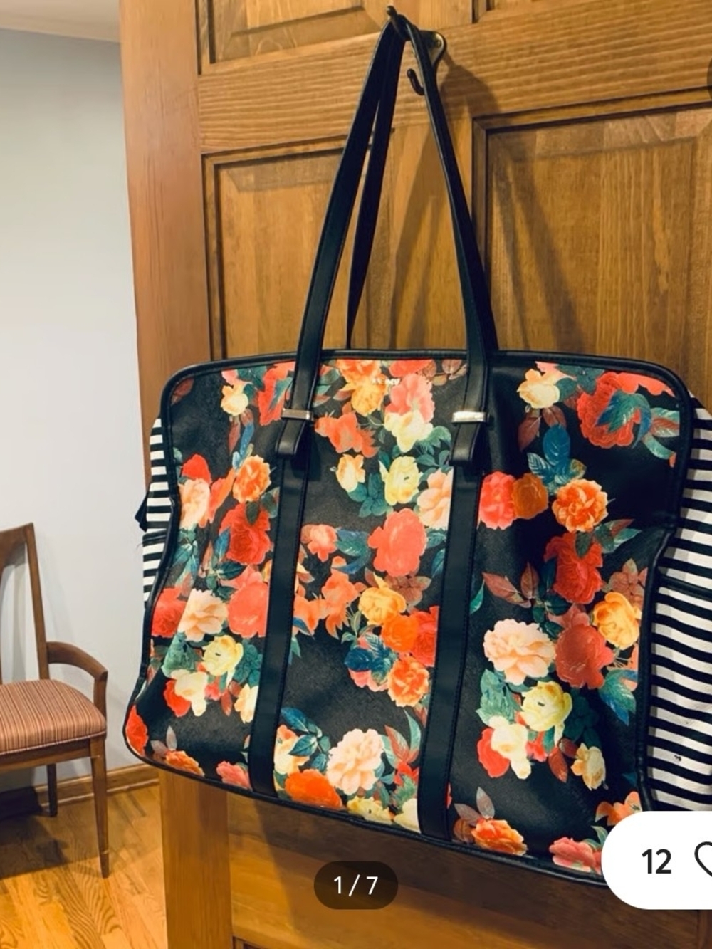Nine West Floral Pattern Black Tote Bag with Striped Side Pockets, NWOT